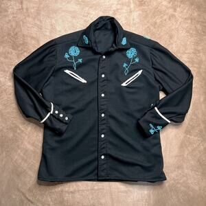 Vintage 70s Floral Embroidered Polyester Western Shirt Black Pearl Snap Cowboy